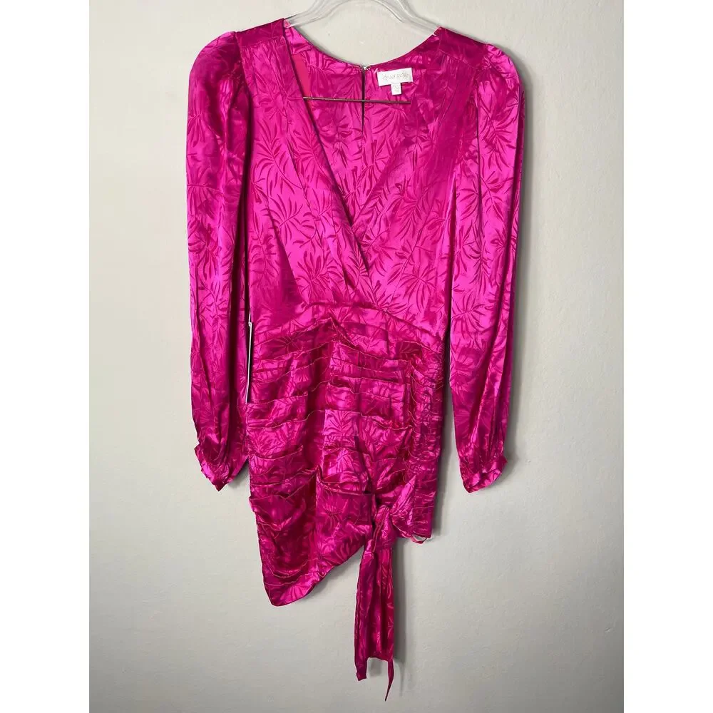Ronny Kobo Giorgia Dress Fuchsia Silk Blend Ruched Wrap Mini Long Sleeve